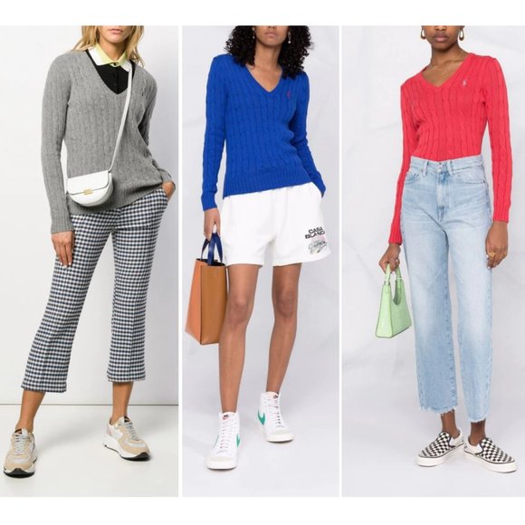 Polo Ralph Lauren Cashmere Merino Wool Cable Knit Jumper Sweater Camel Tan Vneck - Picture 11 of 12